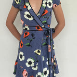Kimchi Blue - Blue Floral Short Dress With Front Tie Detail