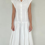 White Linen Sleeveless Dress With Collar Detail