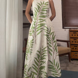 Maison Alma White Long Dress with Green leaf Print
