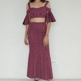 Charina Sarte  Maroon Polka Dot Sleeveless Top with Long Skirt