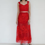 Boom Sason Red Floral Lace Strip Top & Long Skirt  Co Ord