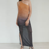 Nirvana Collective Multi Color  Mesh Long Tulle Dress With An Asymmetric Neckline