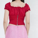 Reformation Red Puff Sleeve Top With Ruched  & Back Zip