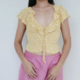 Reformation Yellow Floral Linen V Neck Blouse