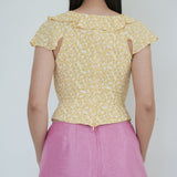 Reformation Yellow Floral Linen V Neck Blouse