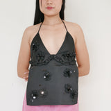 Shushu/Tong Black Halterneck Backless Top with Embroided Flower Design